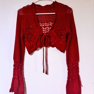 Red Crochet Tie-Front Bolero Shrug